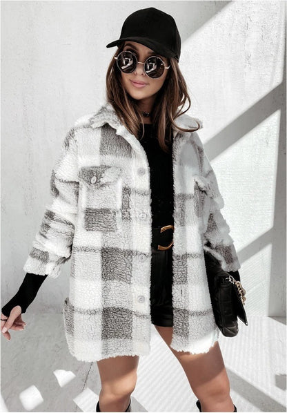 Automne Et Hiver Manches Longues Double Poche Plaid Manteau Furry Femmes