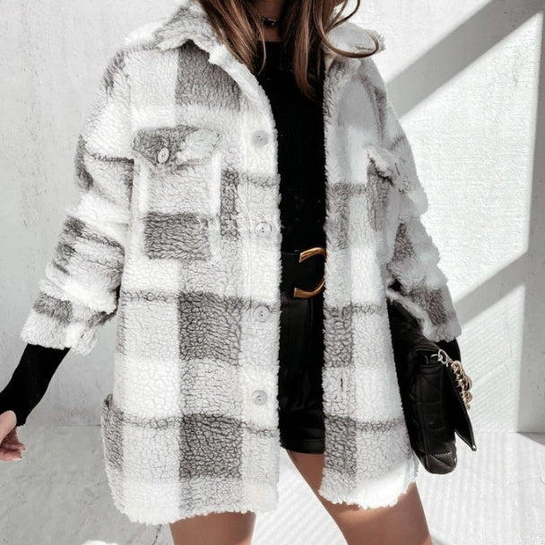 Automne Et Hiver Manches Longues Double Poche Plaid Manteau Furry Femmes