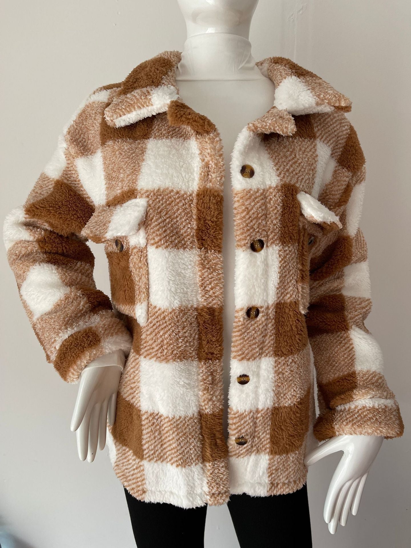 Automne Et Hiver Manches Longues Double Poche Plaid Manteau Furry Femmes