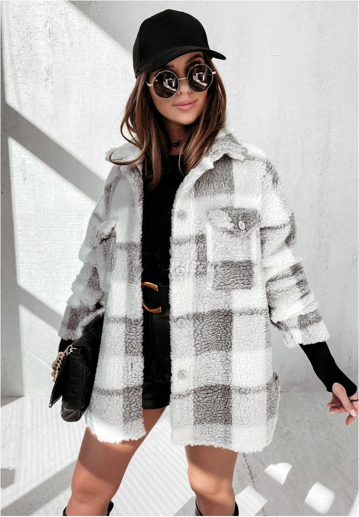 Automne Et Hiver Manches Longues Double Poche Plaid Manteau Furry Femmes