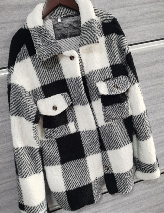 Automne Et Hiver Manches Longues Double Poche Plaid Manteau Furry Femmes