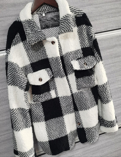 Automne Et Hiver Manches Longues Double Poche Plaid Manteau Furry Femmes