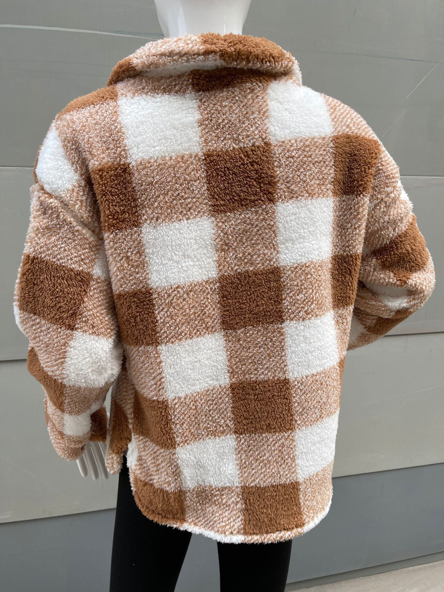 Automne Et Hiver Manches Longues Double Poche Plaid Manteau Furry Femmes