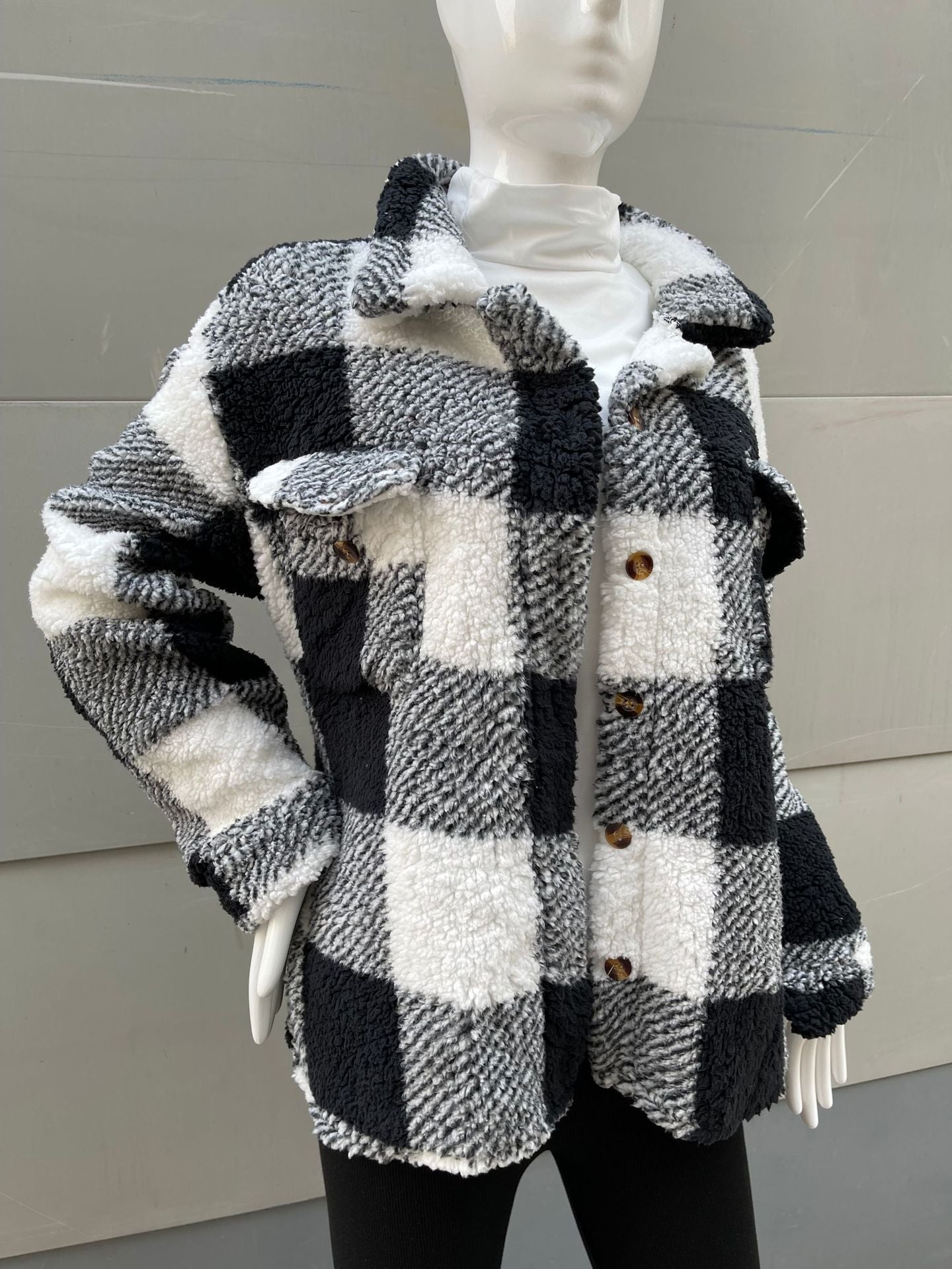 Automne Et Hiver Manches Longues Double Poche Plaid Manteau Furry Femmes